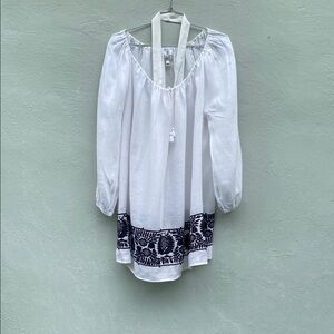 J. Crew Linen White Peasant Dress with Black Embroidery